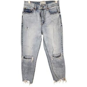DAZE Womens Size 27 Light Wash Distressed Knee Cut Off Hem Jeans‎ High Waist